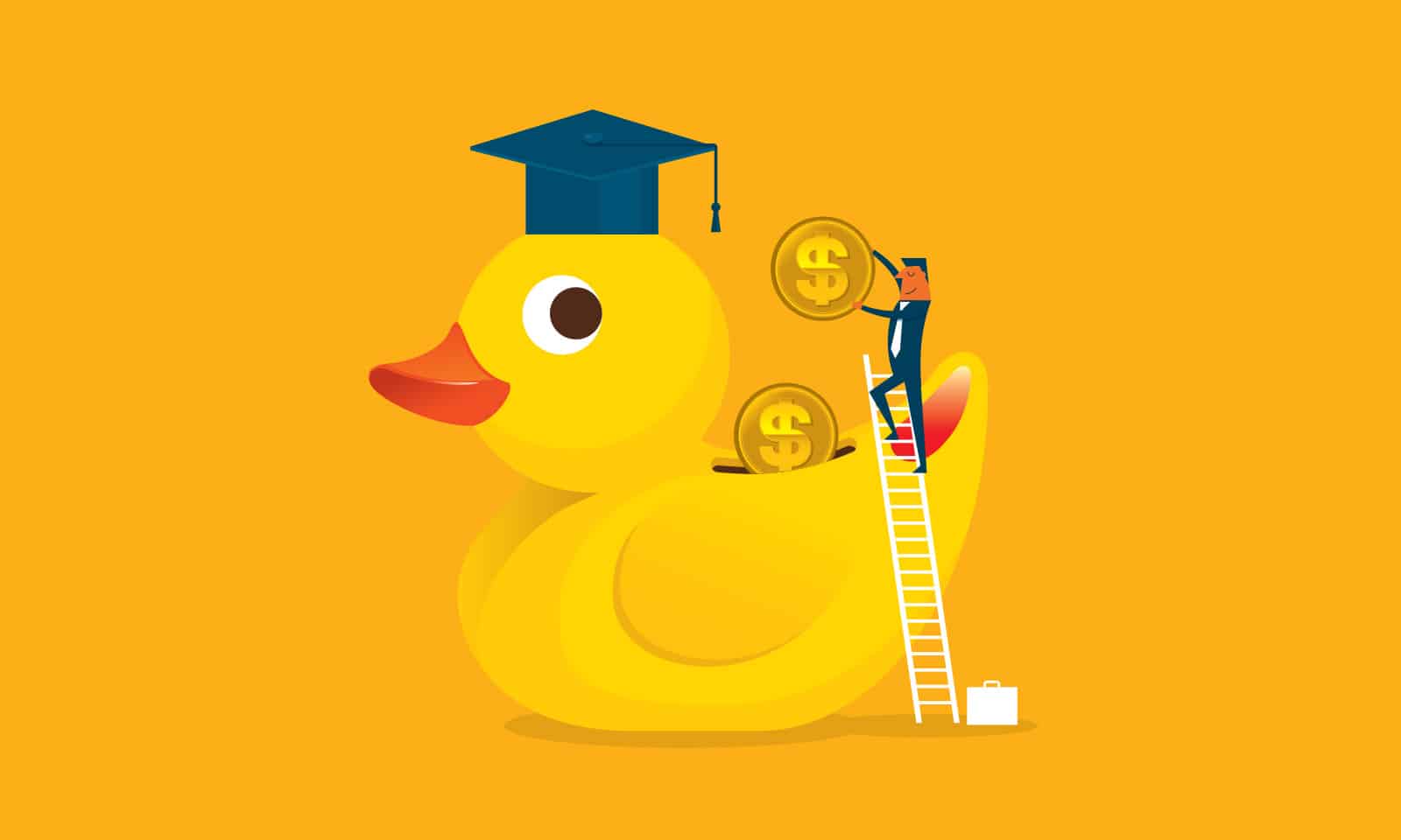 Illustration of a man climbing a ladder to deposit a coin inside a yellow duck bank