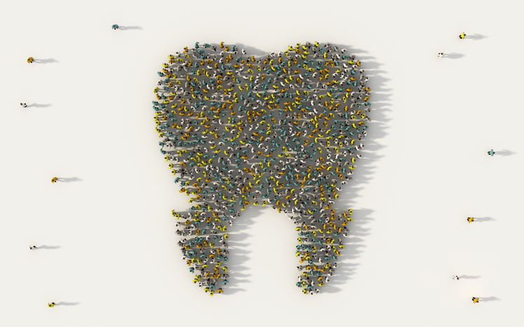 Large group of people forming a teeth icon in social media and community concept on white background. 3d sign of crowd illustration from above gathered together